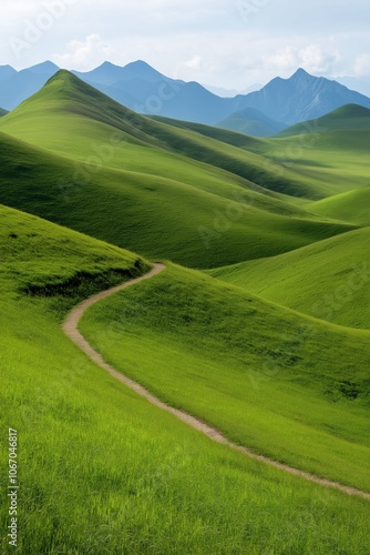 A long road winds through a lush green valley. The road is surrounded by mountains, and the landscape is serene and peaceful. Concept of tranquility and natural beauty