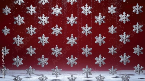 Winter background seamless pattern red Christmas background with detailed 3D white snowflakes, ideal for creating holiday card concepts.