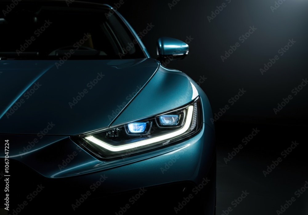 Close-up of a modern electric vehicle illuminated headlight, showcasing advanced automotive technology and design Close-up of a modern electric vehicle illuminated headlight, showcasing advanced automotive technology and design