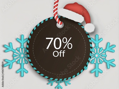 Festive discount tag showing 70% off, decorated with snowflakes and a Santa hat, perfect for holiday promotions. photo