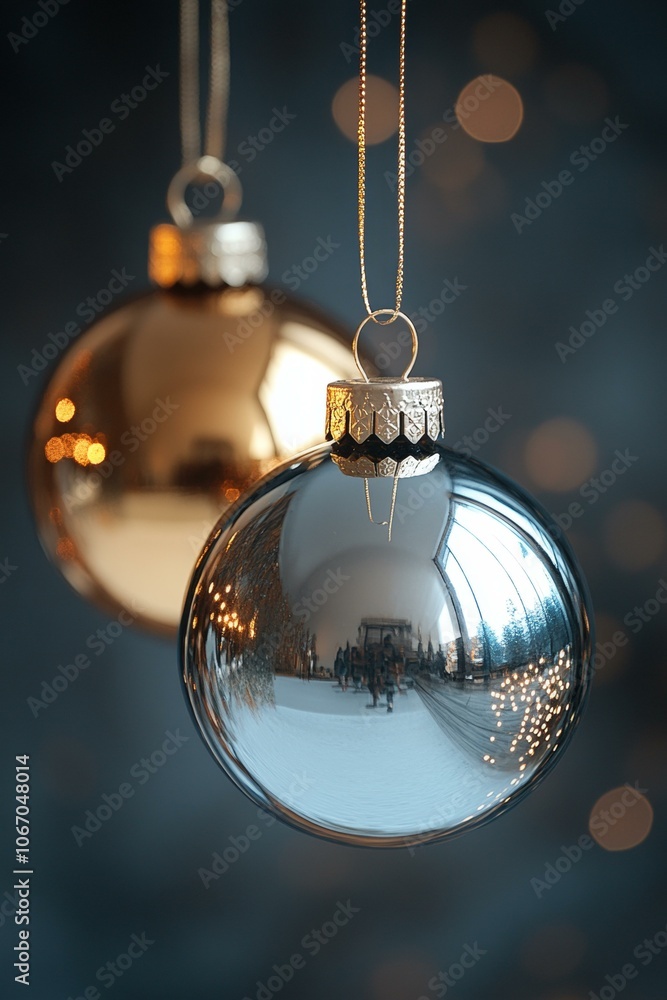 Shiny silver ball ornament hanging from tree branch, festive decor. Shiny silver ball ornament hanging from tree branch, festive decor.