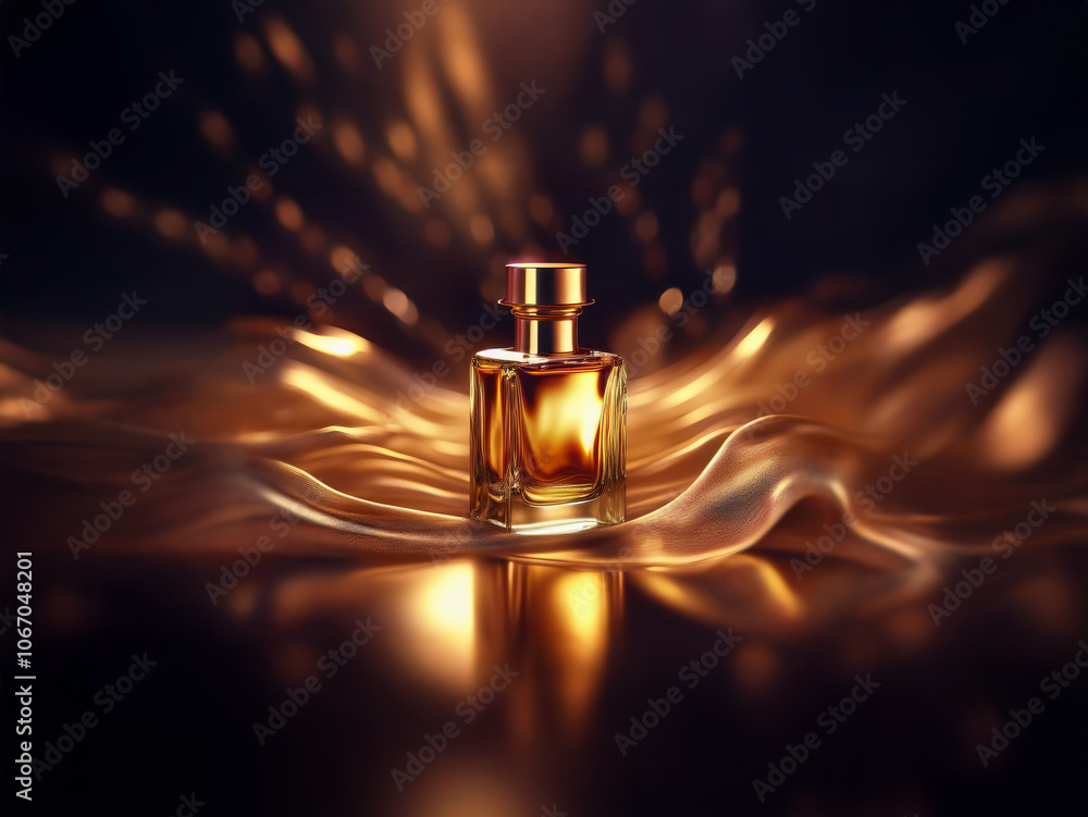 A single bottle of perfume rests atop a golden silk fabric, illuminated by a warm spotlight. A single bottle of perfume rests atop a golden silk fabric, illuminated by a warm spotlight.