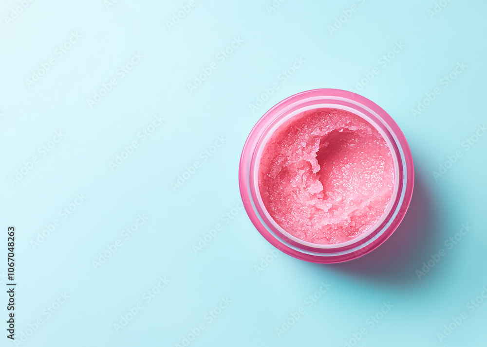 Pink jar with texture mask or scrub on blue background. Image of cosmetics for young girls with sweet or berry aroma. Flat lay with negative space Pink jar with texture mask or scrub on blue background. Image of cosmetics for young girls with sweet or berry aroma. Flat lay with negative space