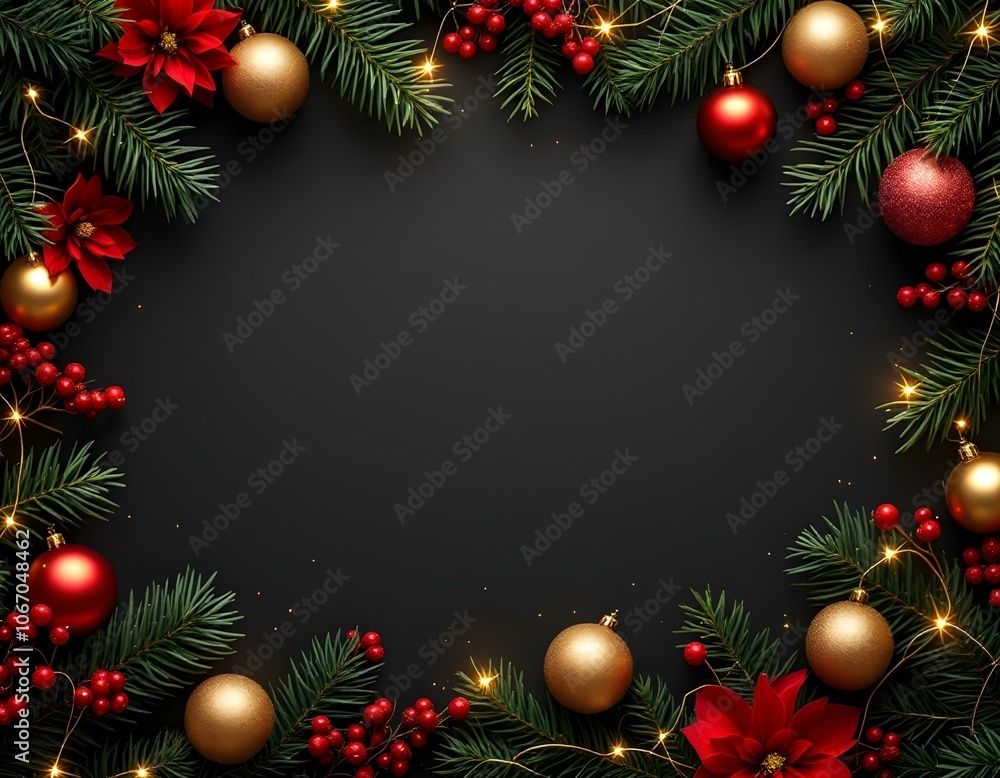 Elegant Holiday Border with Pine Branches, Red Ornaments, Golden Glitter Balls, and String Lights on Dark Matte Background Elegant Holiday Border with Pine Branches, Red Ornaments, Golden Glitter Balls, and String Lights on Dark Matte Background