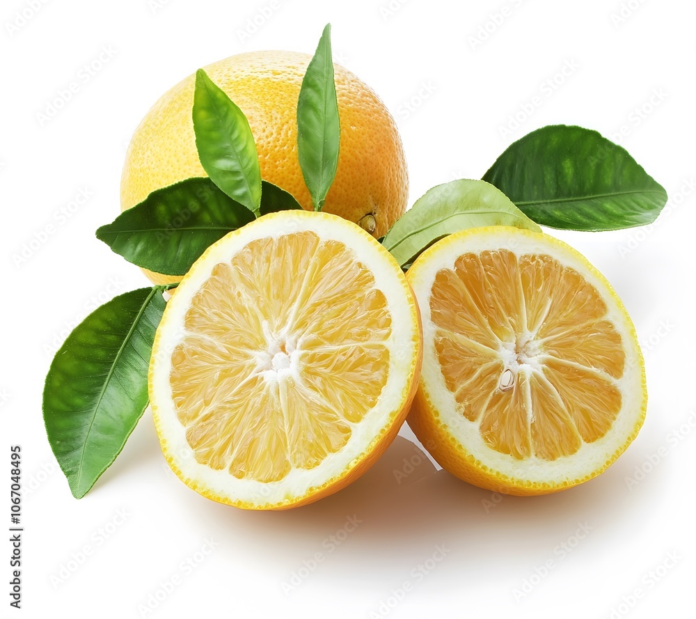 Two Halved Oranges with Green Leaves Two Halved Oranges with Green Leaves