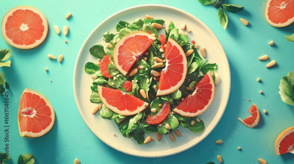 Diet chicory salad topped with refreshing grapefruit and crunchy pine nuts flat lay presentation Diet chicory salad topped with refreshing grapefruit and crunchy pine nuts flat lay presentation