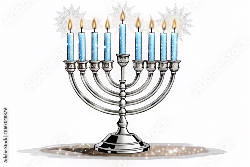 Silver Menorah with Blue Candles for Hanukkah Celebration
