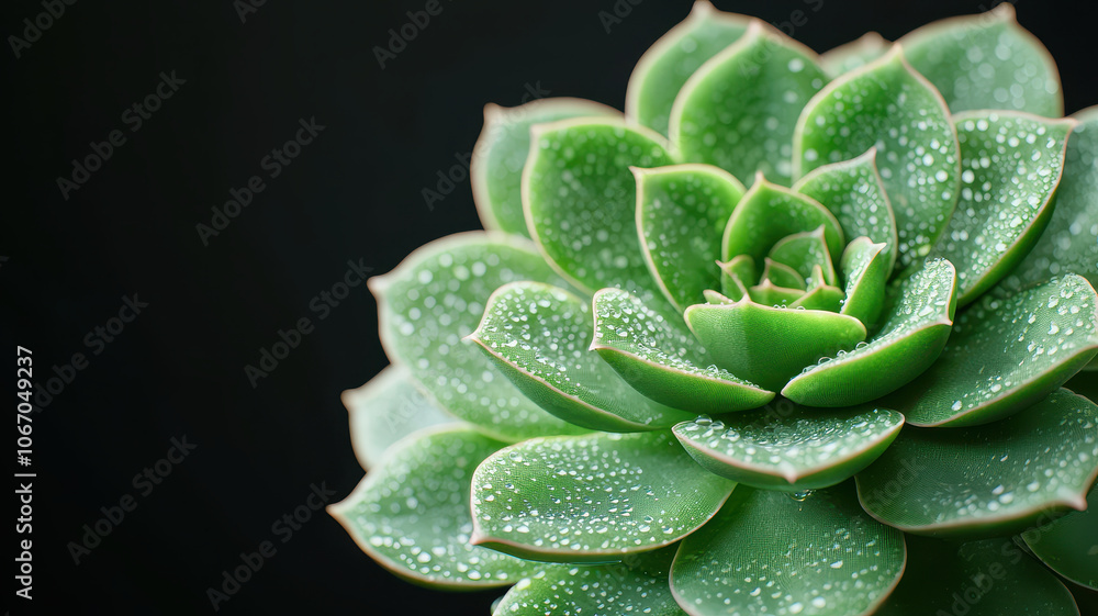 Close up of succulent plant with water drops, showcasing vibrant green leaves Close up of succulent plant with water drops, showcasing vibrant green leaves