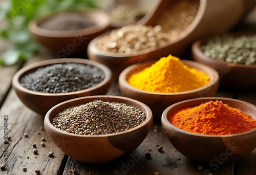 vibrant display of various spices in wooden bowls, showcasing rich colors and textures. arrangement includes black, yellow, and orange spices, creating warm and inviting atmosphere