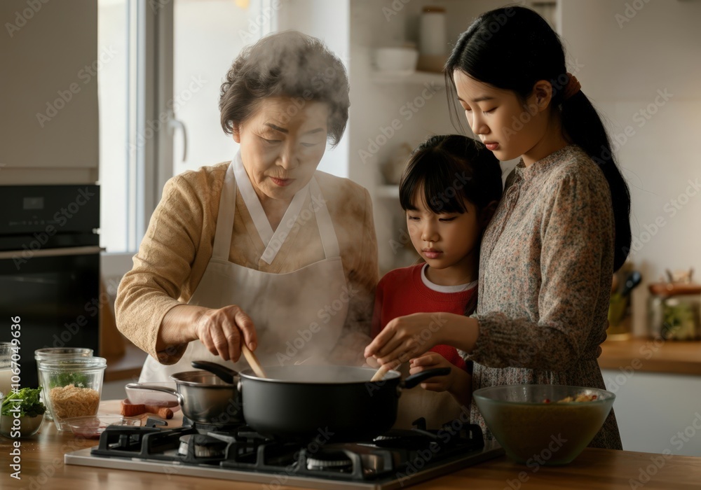Family preparing meal together in modern kitchen, stirring pot on stovetop Family preparing meal together in modern kitchen, stirring pot on stovetop