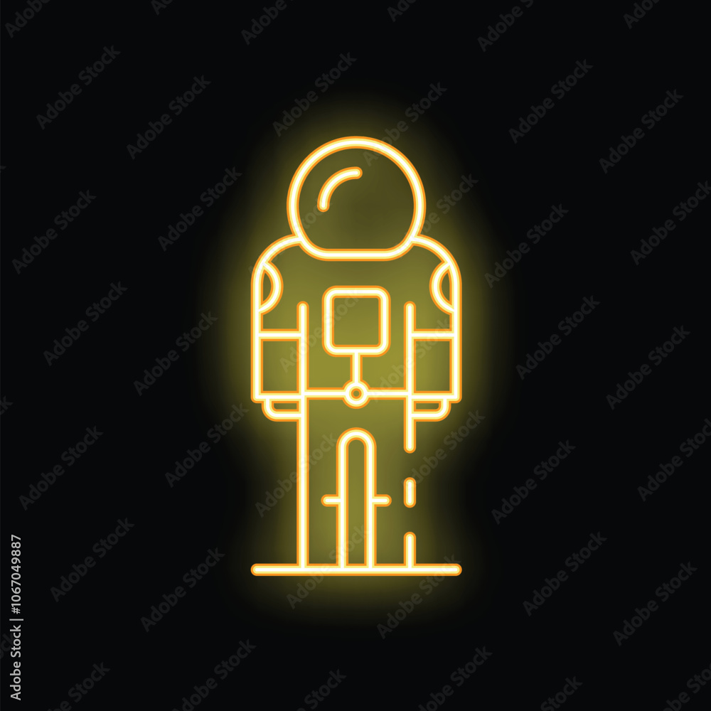 Yellow neon icon of an astronaut wearing a spacesuit, standing on the moon surface Yellow neon icon of an astronaut wearing a spacesuit, standing on the moon surface