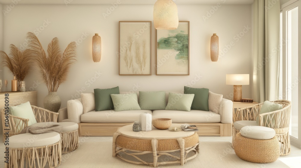 Fototapeta premium Modern Living Room with Beige and Natural Wood Tones