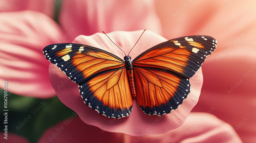 Naklejka premium vibrant butterfly resting on pink flower, showcasing nature beauty