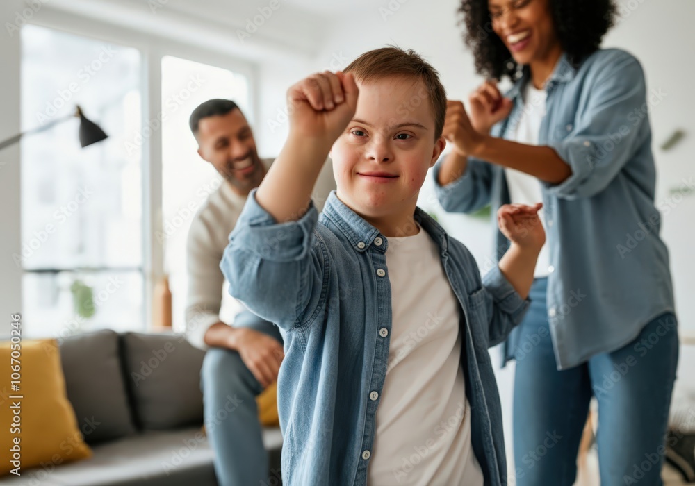 Cheerful boy with down syndrome is dancing with his parents in the living room Cheerful boy with down syndrome is dancing with his parents in the living room