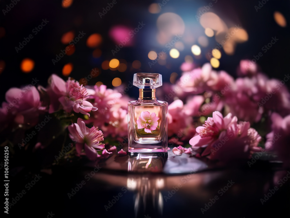 A glass bottle of perfume sits on a table surrounded by pink blossoms and sparkling lights. A glass bottle of perfume sits on a table surrounded by pink blossoms and sparkling lights.