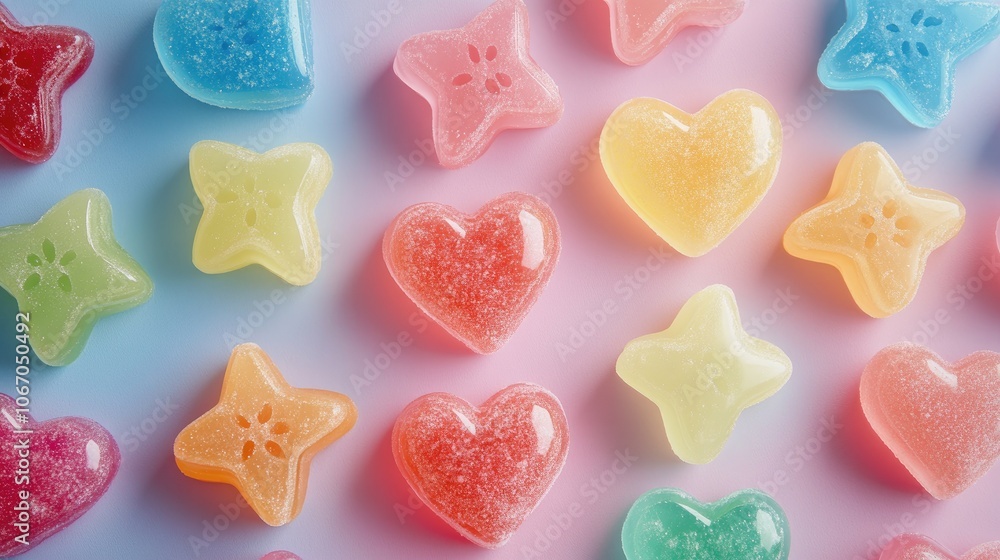 An assortment of cute fruit jellies in heart and star shapes on a bright pastel background, creating a lively and playful texture. An assortment of cute fruit jellies in heart and star shapes on a bright pastel background, creating a lively and playful texture.
