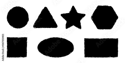 Grunge shapes with rough edges. Rectangle, square, circle and star with hand-drawn texture