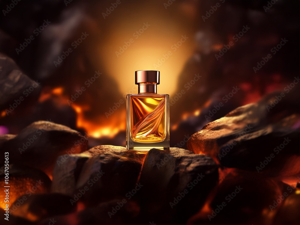 A glass bottle of perfume with a copper cap sits on a pile of dark rocks in front of a warm, golden glow. A glass bottle of perfume with a copper cap sits on a pile of dark rocks in front of a warm, golden glow.