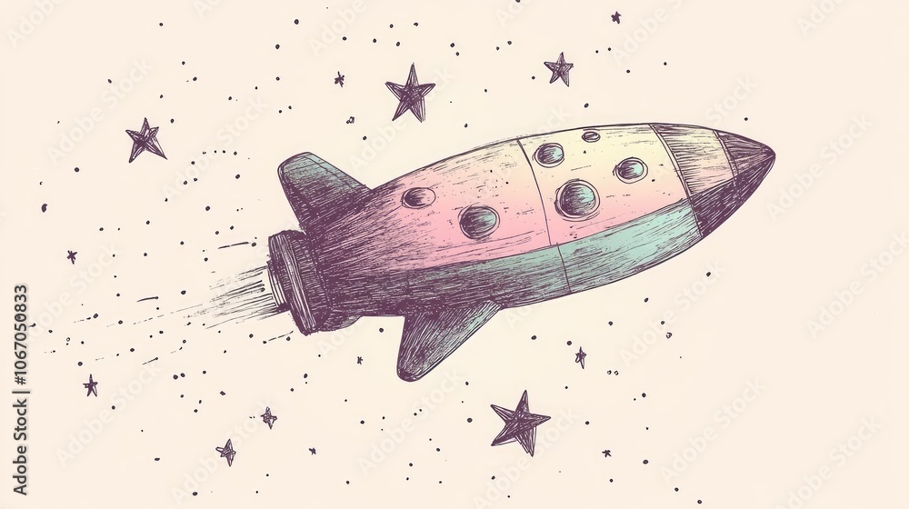 Charming hand-drawn spaceship with playful line art and small stars, set against a plain background for a whimsical, space-themed look. Charming hand-drawn spaceship with playful line art and small stars, set against a plain background for a whimsical, space-themed look.