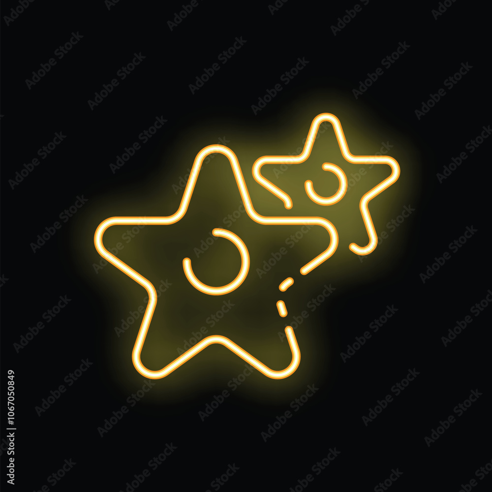 Two glowing neon stars shining bright on a black background, perfect for designs related to nightlife, entertainment, and the allure of the night Two glowing neon stars shining bright on a black background, perfect for designs related to nightlife, entertainment, and the allure of the night