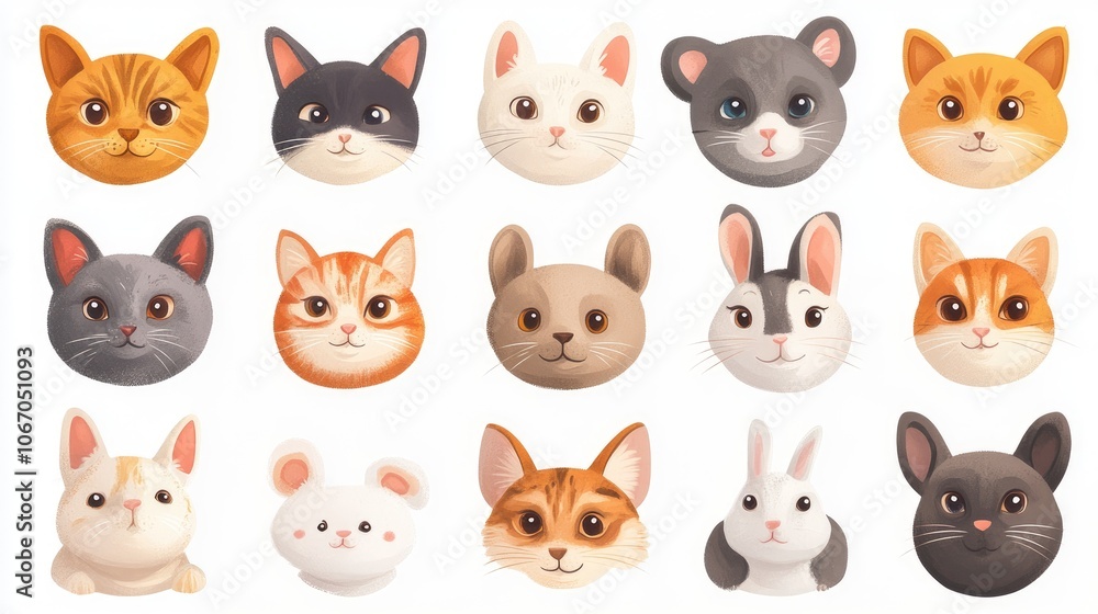 Collection of 20 animals with round faces, including cats, dogs, and rabbits, each depicted with cute and expressive features against a simple background.