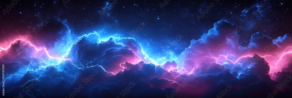 A night sky with clouds lit up by blue and pink lightning A night sky with clouds lit up by blue and pink lightning