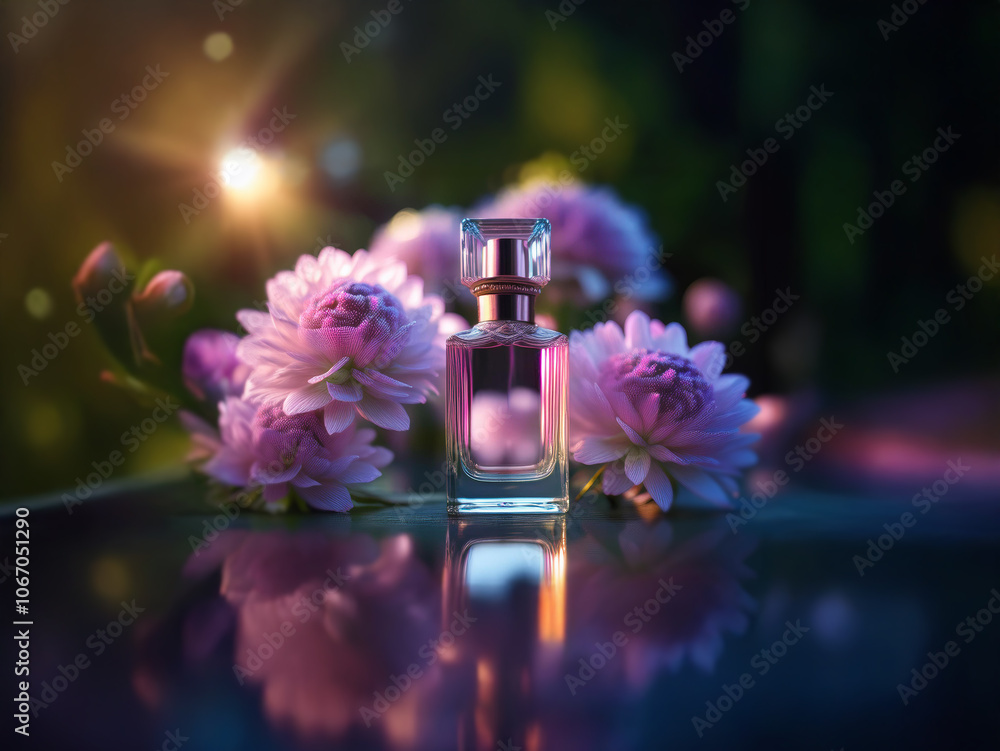 A glass bottle of perfume sits on a reflective surface surrounded by pink flowers and a soft golden light. A glass bottle of perfume sits on a reflective surface surrounded by pink flowers and a soft golden light.