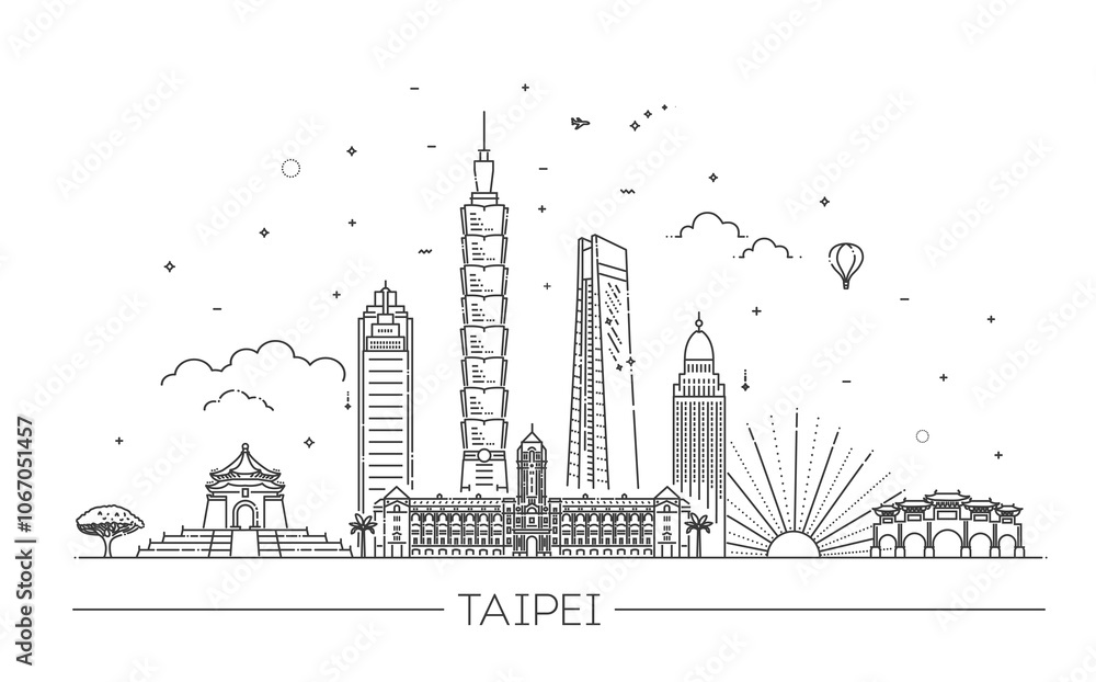 Obraz premium Outline Taipei Taiwan City Skyline with Modern Buildings Isolated on White. Vector Illustration