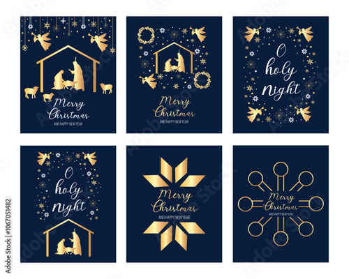 Happy Set of Merry Christmas and Happy New Year greeting vector card with nativity scene, angels, stars. Gold. Vector