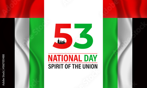 National Day of United Arab Emirates of 53 with  ribbon flag. Waving ribbon in the sky in front of tall buildings Abu Dhabi city. Spirit of the union vector Illustration. eps 10.