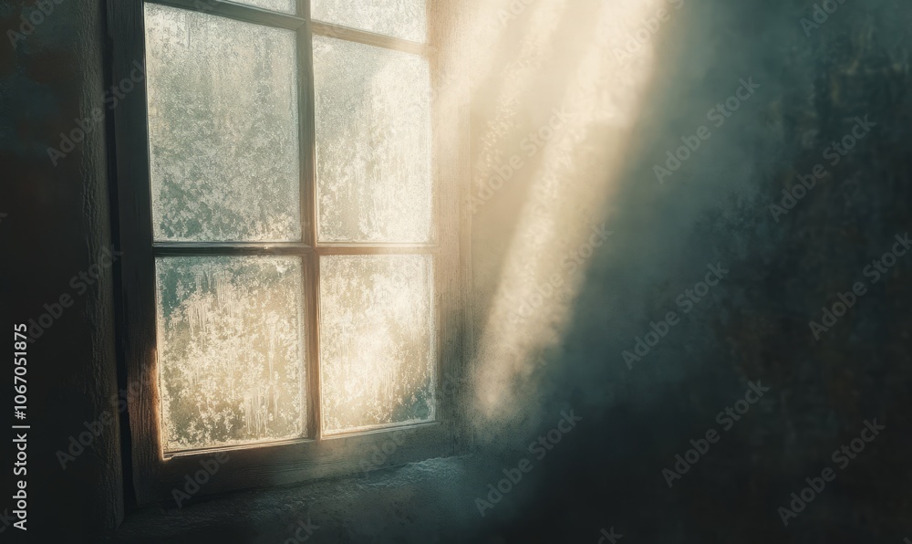 Frost-covered window with a foggy, diffused light shining through, creating a textured, ethereal effect Frost-covered window with a foggy, diffused light shining through, creating a textured, ethereal effect