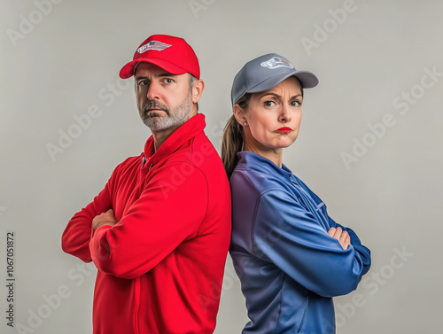 Divided Stance: Republican Man and Democratic Woman in Symbolic Opposition photo