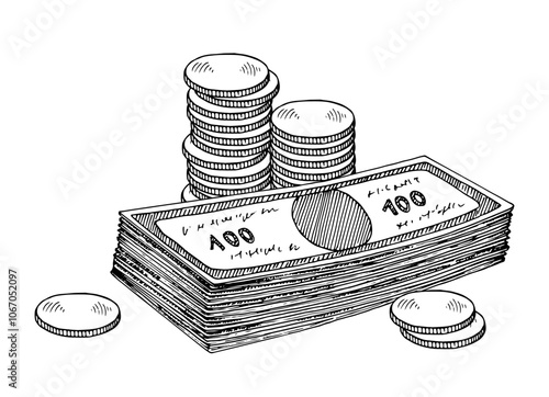 Vector illustration of a cash wad featuring stacked dollar bills. This hand drawn clipart showcases banknotes and coins in a vintage style. Clean outline and engraving money line art illustration