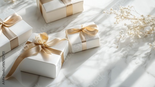 Minimalist luxury packaging in white and gold, with elegant ribbons and high-end materials, photographed on a polished marble surface.