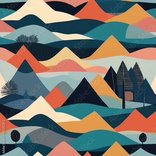 Colourful vibrant simple pattern, abstract mountains, hills, trees template. Fabric minimalist bright design. Art decorative modern painting, drawing background for wrapping. Flat colour wallpaper.