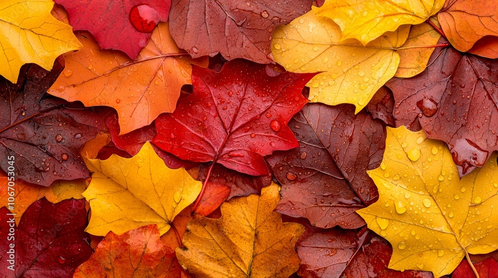 A vibrant collection of autumn leaves in shades of red, yellow, and orange, layered together with glistening droplets, showcasing the beauty of fall. A vibrant collection of autumn leaves in shades of red, yellow, and orange, layered together with glistening droplets, showcasing the beauty of fall.