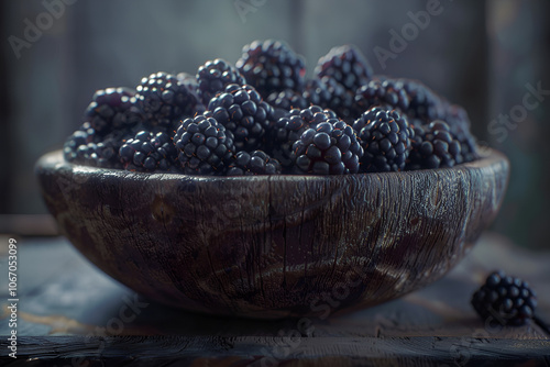 Miseczka pełna świeżych jeżyn na ciemnym, rustykalnym tle photo