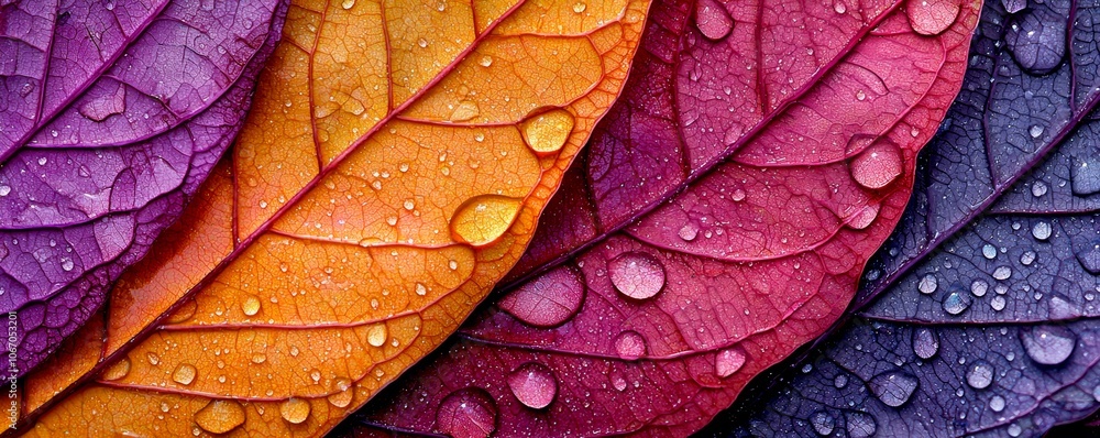 Fototapeta premium A vibrant close-up of colorful leaves adorned with water droplets, showcasing rich hues of purple, orange, and burgundy.