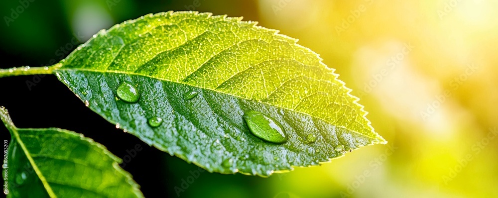 A close-up view of a green leaf with dew drops, illuminated by sunlight, showcasing vibrant colors and intricate textures. A close-up view of a green leaf with dew drops, illuminated by sunlight, showcasing vibrant colors and intricate textures.
