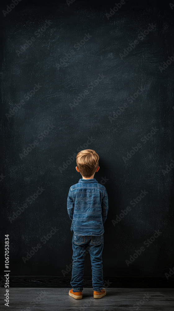 young boy stands in front of blank blackboard, wearing denim clothing and looking thoughtful. scene evokes sense of curiosity and anticipation