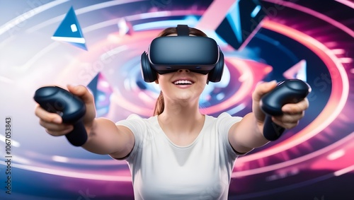 Excited young woman playing VR game with controllers.