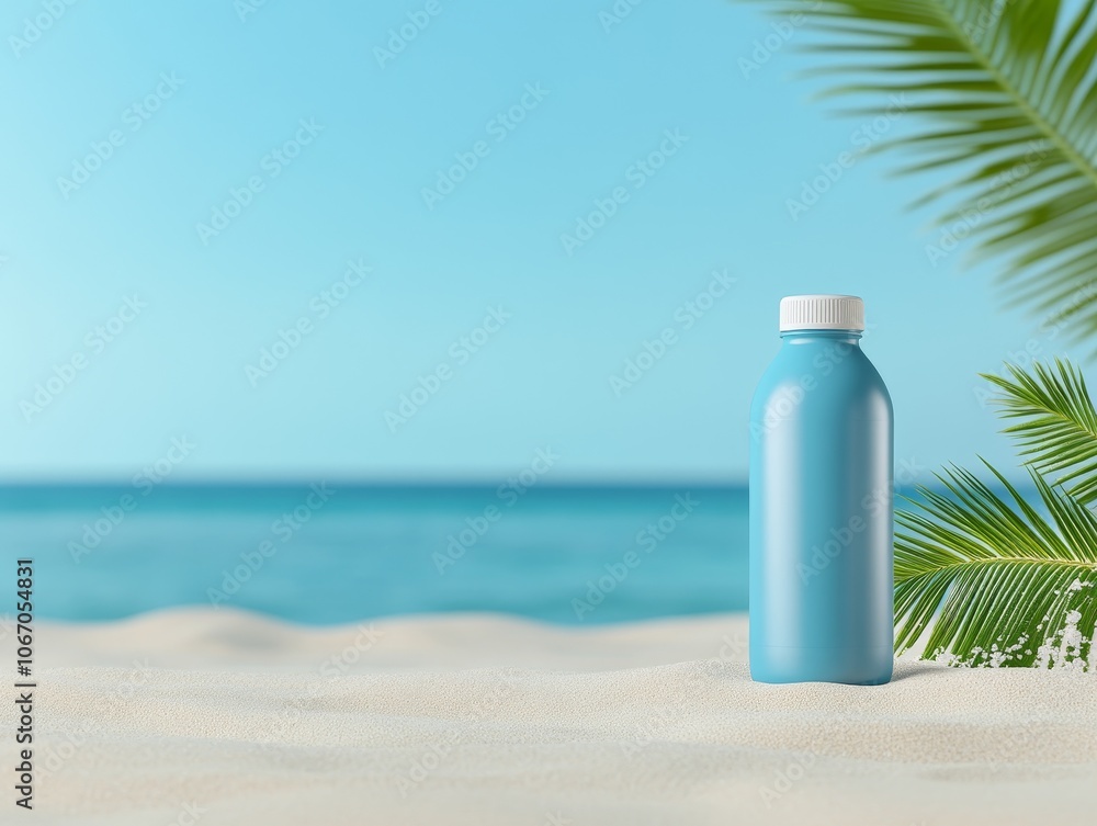 Sports drinks electrolytes replenish icy-blue bottle placed on beach sand with splashes of water and faint palm shadows in background bright ocean view, Photorealistic Sports drinks electrolytes replenish icy-blue bottle placed on beach sand with splashes of water and faint palm shadows in background bright ocean view, Photorealistic