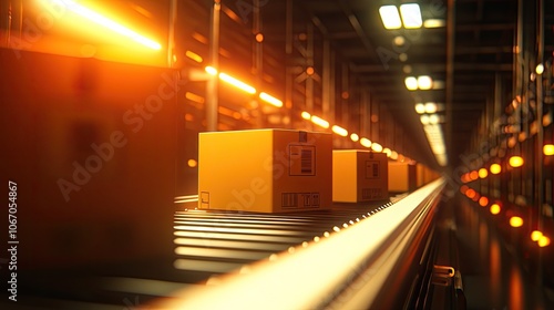 Conveyor belt transporting packages in a modern warehouse with warm lighting.