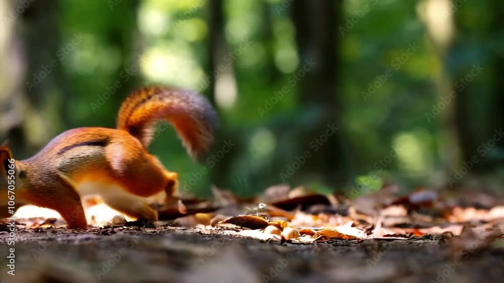 Adorable shots of a solitary squirrel exploring a forest floor, searching for acorns. Adorable shots of a solitary squirrel exploring a forest floor, searching for acorns.