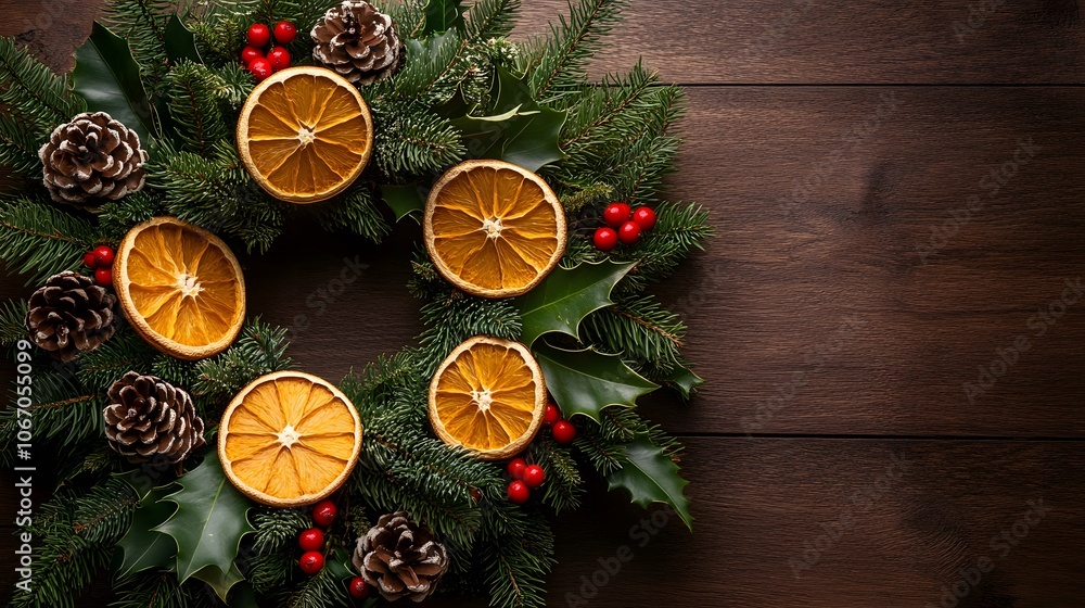 Christmas wreath made with dried orange slices, pine cones, holly berries, and evergreen branches, arranged on brown wooden planks with a rustic feel and warm, natural lighting. Christmas wreath made with dried orange slices, pine cones, holly berries, and evergreen branches, arranged on brown wooden planks with a rustic feel and warm, natural lighting.