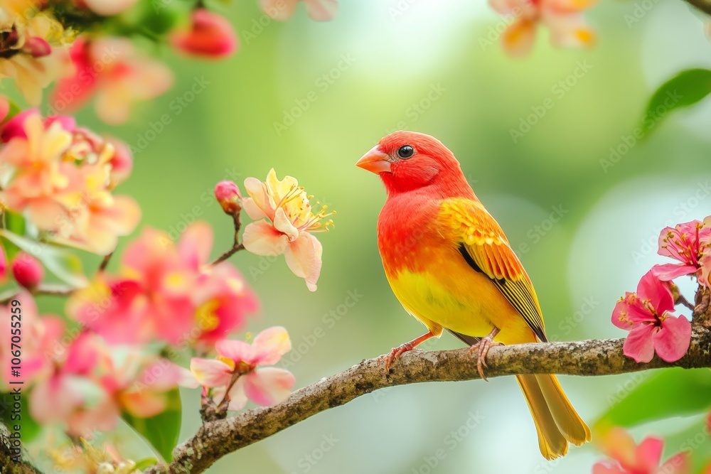 Vibrant Red and Yellow Bird Perched on the Branch in Nature Vibrant Red and Yellow Bird Perched on the Branch in Nature