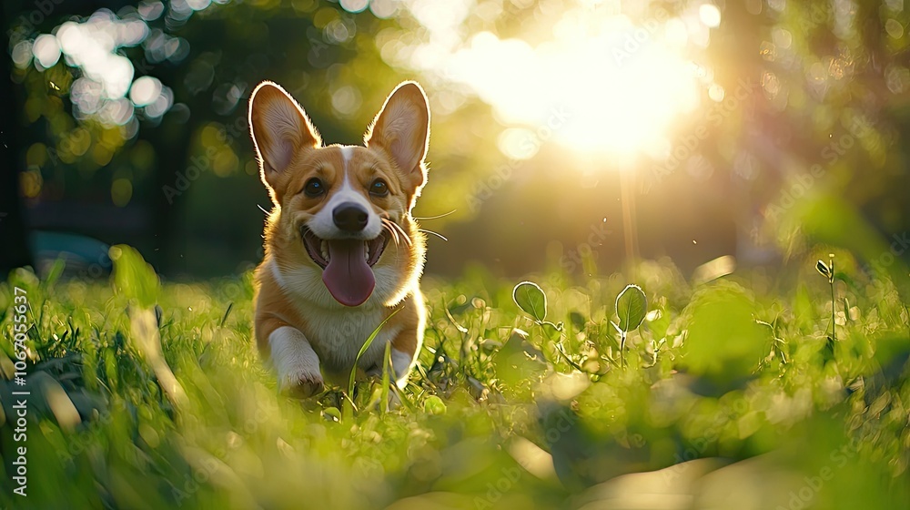 Happy corgi playing in a sunlit meadow, surrounded by greenery. Happy corgi playing in a sunlit meadow, surrounded by greenery.
