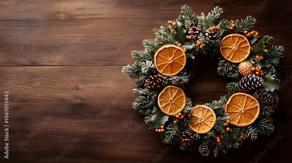 Christmas wreath made with dried orange slices, pine cones, holly berries, and evergreen branches, arranged on brown wooden planks with a rustic feel and warm, natural lighting. Christmas wreath made with dried orange slices, pine cones, holly berries, and evergreen branches, arranged on brown wooden planks with a rustic feel and warm, natural lighting.
