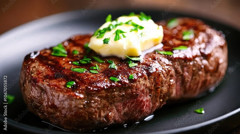 Juicy grilled steak topped with butter and fresh herbs on a dark plate Juicy grilled steak topped with butter and fresh herbs on a dark plate