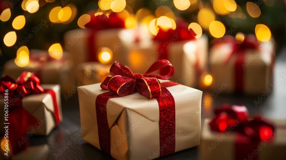 Christmas gift with red ribbon in festive setting Christmas gift with red ribbon in festive setting